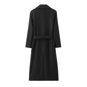 Classic black wool blend long coat for women with matching waist belt on white background