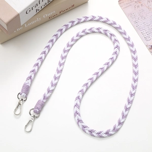 Detail of purple and white braided rope phone strap with durable metal lobster clasps