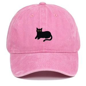 Pink washed cotton baseball cap featuring a cute black cat embroidery on the front