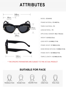 Detailed size specifications and material chart for vintage cat eye sunglasses