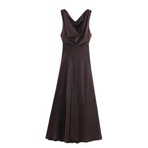 Elegant dark brown satin midi dress featuring a cowl neck and sleeveless design