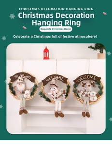 Three Christmas wreaths with Santa, Snowman, and Reindeer hanging on a fireplace