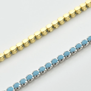 Macro shot of S925 sterling silver chain with blue turquoise inlay and micro-pave crystals