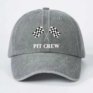 Vintage washed grey cotton baseball cap featuring racing flag and PIT CREW print