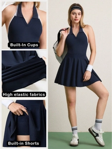 Robe de Tennis Dos Nu pour Femmes Avec Soutien-Gorge et Short Intégrés Bordure Contrastée Plissée Sportif Golf Top And Bottom