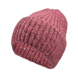 Winter rib-knit beanie hat in plum pink with colorful speckled yarn dots for women
