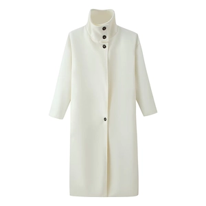 Elegant off-white funnel neck long wool coat for women with dark buttons and loose fit