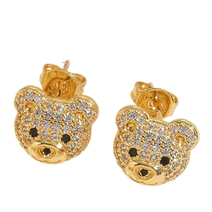 Cute teddy bear stud earrings in gold with white cubic zirconia and black stone accents