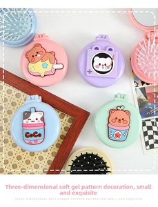 Detail of cute 3D cartoon animal folding hairbrush with integrated vanity mirror
