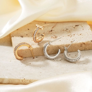 French style gold and silver C-shape half-round stud earrings with sparkling cubic zirconia