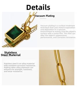 Detail of emerald green zircon pendant with vacuum plated stainless steel gold chain