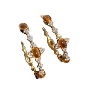 18k gold plated C-shape hoop earrings with tiger eye stone and crystal accents