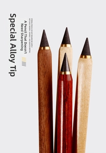 Macro shot of inkless eternal pencil showing diverse wood textures and alloy nibs