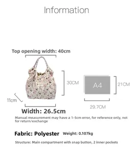 Detailed dimension guide for floral canvas tote bag featuring internal pockets and A4 size comparison