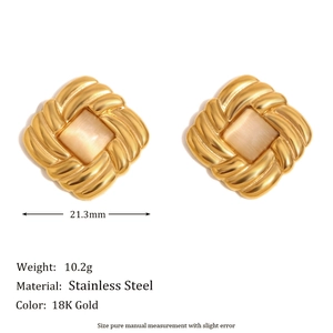 Geometric square 18K gold plated stainless steel earrings with cat eye stone center