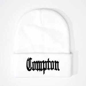 White Compton knitted beanie with black 3D Gothic embroidery in a hip-hop street style