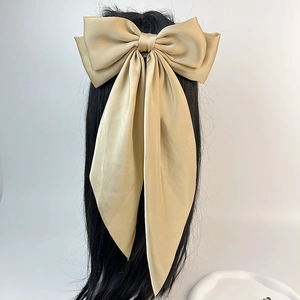 Vue détaillée d'un grand nœud à cheveux en satin champagne avec de longs rubans fins