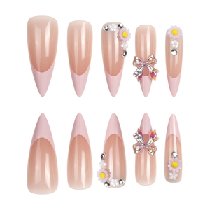 French tip press-on nails with 3D white daisies and laser aurora bows in soft pink