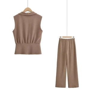 Women's mocha sleeveless wrap top and wide-leg trouser set in textured crepe fabric