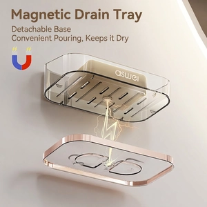 Magnetic double-layer drain soap holder in transparent grey with rose gold accents