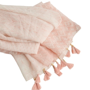 Bohemian pink and white linen cotton scarf with textured patterns and fringe tassels