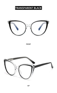 Front and 45-degree angle views of transparent black cat-eye glasses frames for women