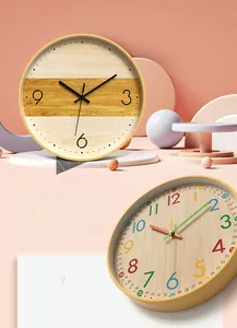 Detailed close-up of 12-inch Nordic wall clocks with colorful wood grain dials