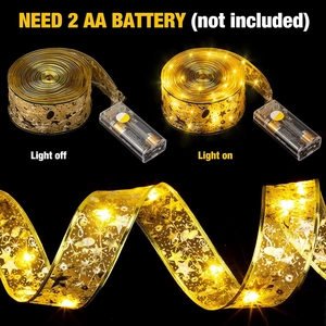 Golden Christmas ribbon LED string lights with star pattern in light on and off modes