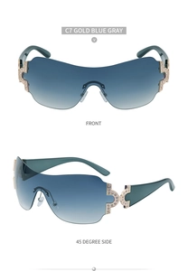Detail view of Y2K wrap-around sunglasses with rhinestone C-decor and gradient lenses