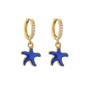 Macro shot of gold hoop earrings with zircon pave and blue enamel starfish charms