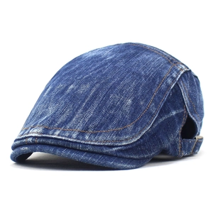 Stylish blue washed denim beret cap with adjustable buckle for men and women