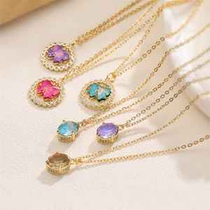 Bowknot Pendant Necklace Copper Gold Plated With Colorful Zircon Fashion Geometric Jewelry For Women