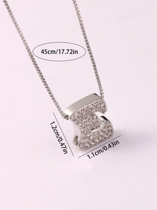 Detailed size chart for silver letter E pendant necklace featuring cubic zirconia inlay