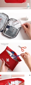 Internal compartments of the red and gray first aid kit showing mesh pockets and tools