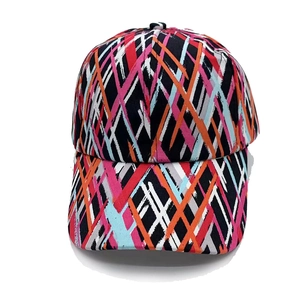 Macro detail of breathable canvas fabric with colorful abstract geometric stripe pattern