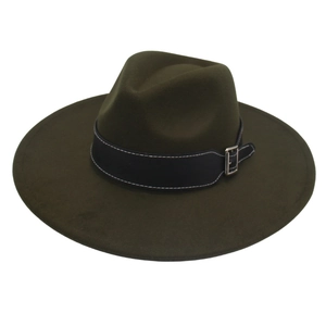 Detail of dark green wide-brim wool fedora hat with contrast stitching and metal buckle