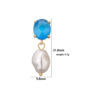 Elegant 18K gold plated brass earrings with blue oval zircon and baroque pearl drops