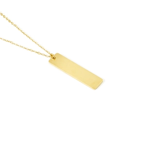 Polished gold rectangular bar pendant necklace on a minimalist stainless steel chain
