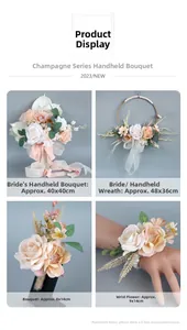 Detalle del set floral de boda champagne con ramo, corona, prendedor y flor de muñeca