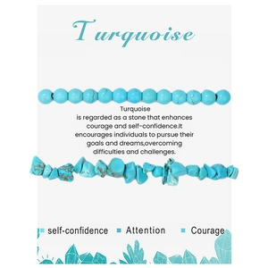 Detail of turquoise bracelet set with round beads and raw stones on a meaning card