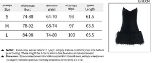 Detailed size chart for the strapless mini dress featuring bust, waist, and hip dimensions