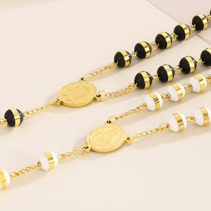 8mm beaded 18K gold plated stainless steel rosary necklace with cross and religious icons