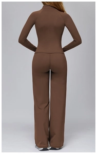 Rear view of brown yoga set with long sleeve zip top and high waist wide leg pants