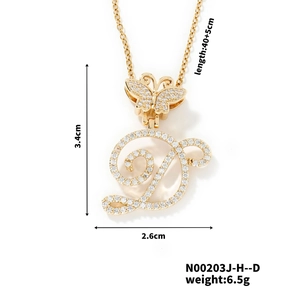 Detail showing dimensions of gold necklace with zircon butterfly and letter D pendant