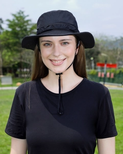 Detail of black outdoor sun hat with wide brim and adjustable windproof chin strap
