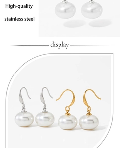 Detail view showing gold and silver stainless steel pearl drop earrings in a collage