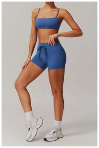 Blaues Yoga-Sport-BH und High-Waist-Shorts-Set mit dekorativem Kordelzug-Detail