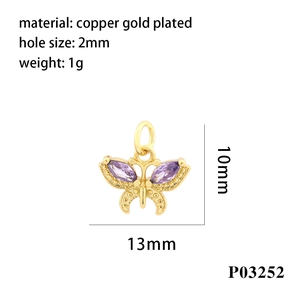 Detail showing 18K gold-plated butterfly pendant with purple zircon and technical specs