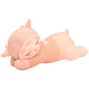 Pink plush lamb toy in a cozy knitted sweater, soft sleeping sheep stuffed animal doll