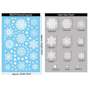 Detailed size chart for Christmas snowflake window stickers featuring various flake dimensions